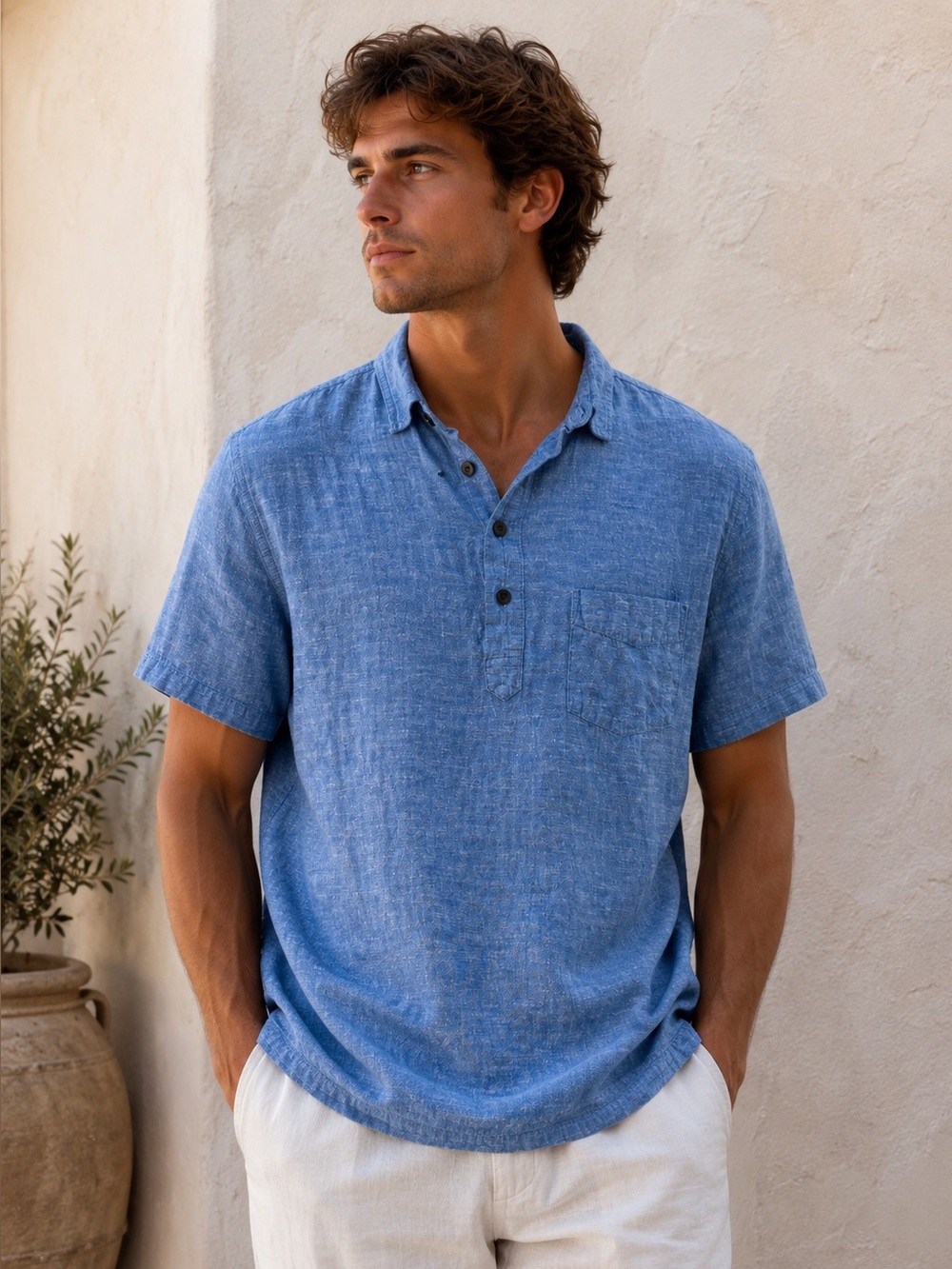 Onia Linen Cotton Short Sleeve Henley Shirt Blue Beach Resort Coastal Minimalist
